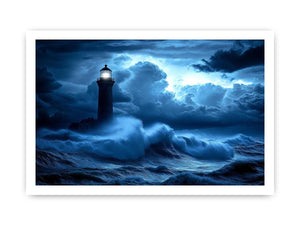 blue lighthouse canvas art with night ocean waves for coastal living room decor.