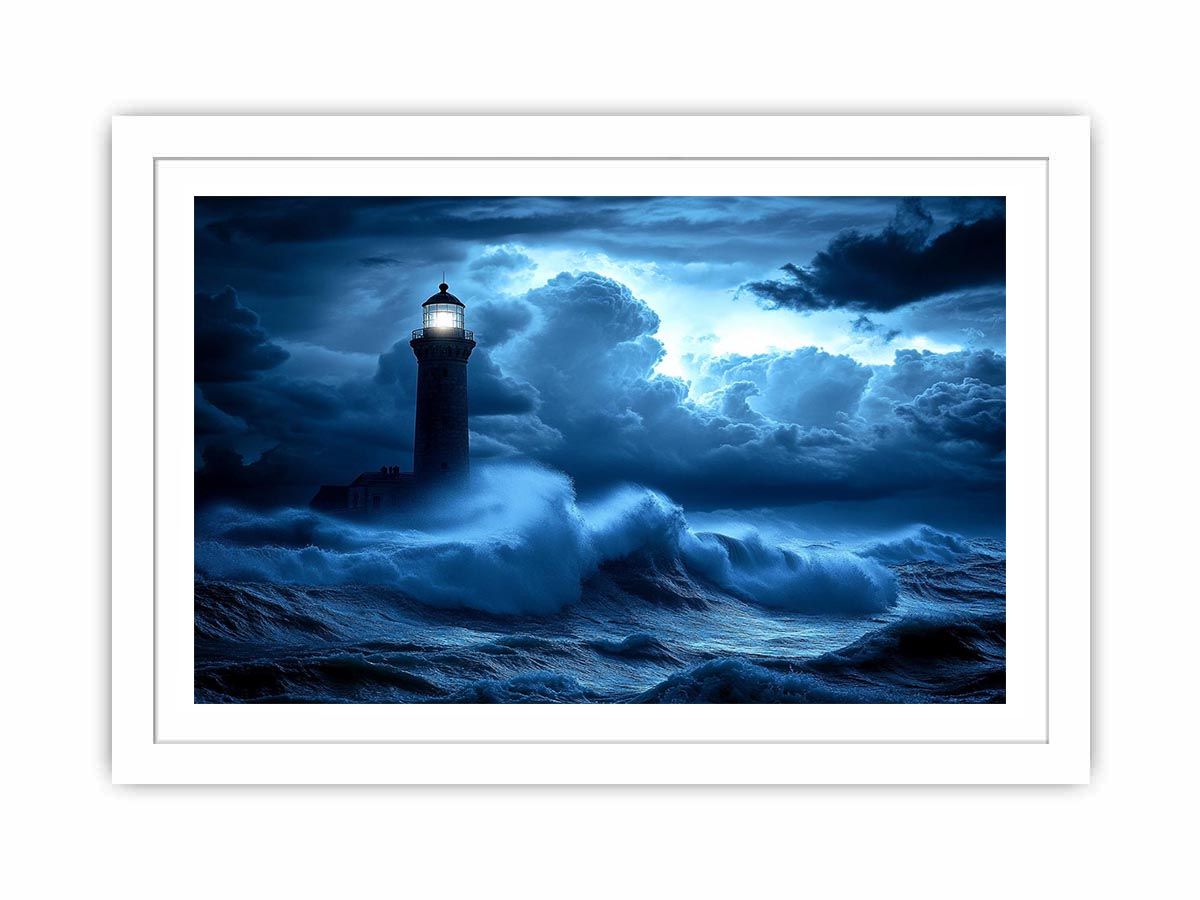 blue lighthouse canvas art with night ocean waves for coastal living room decor.