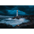 Stormy coastal lighthouse canvas art with ocean waves for modern living room decor.
