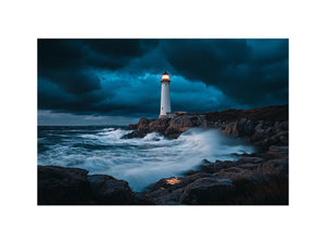 Stormy coastal lighthouse canvas art with ocean waves for modern living room decor.