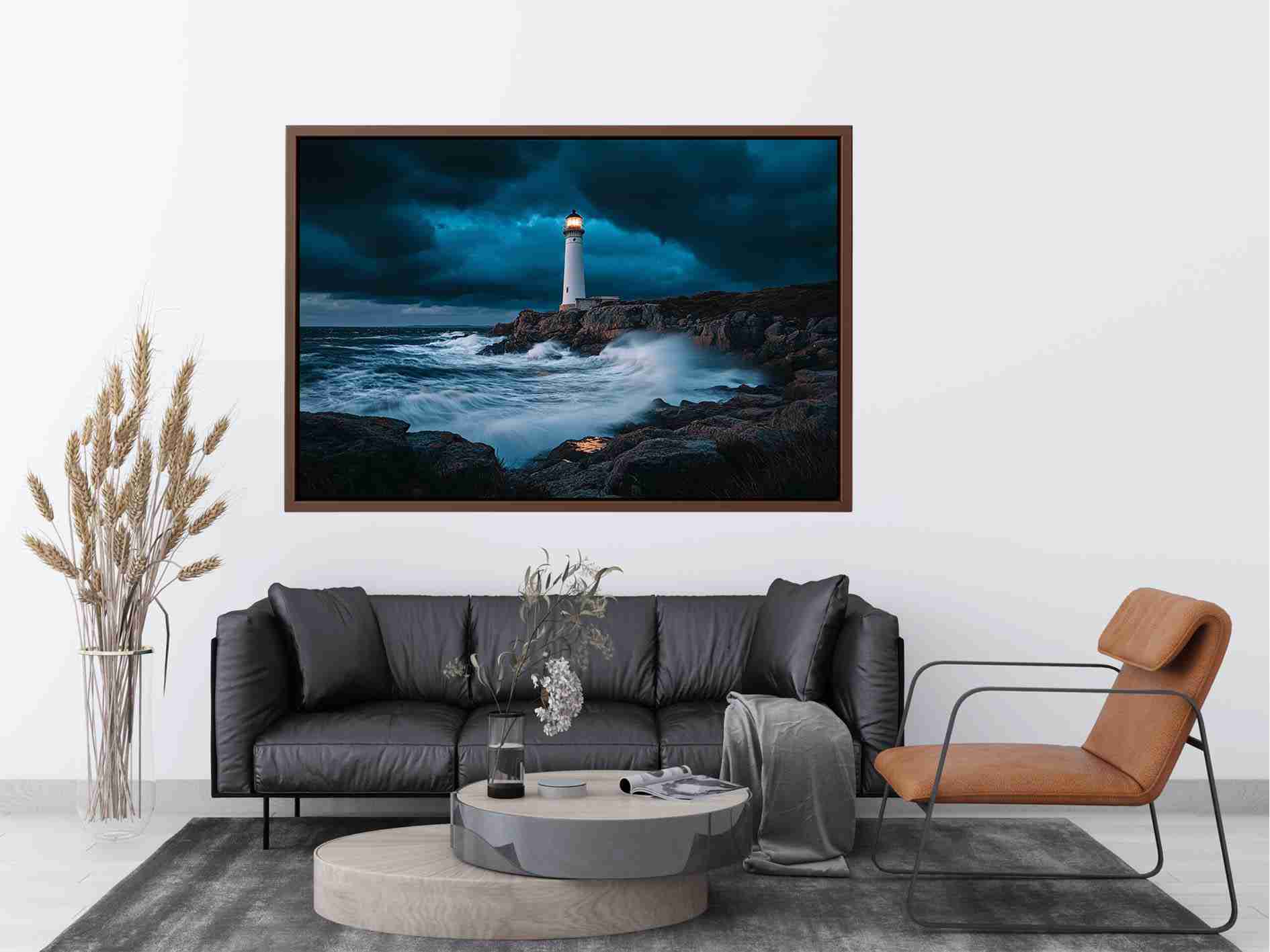 Stormy coastal lighthouse canvas art with ocean waves for modern living room decor.
