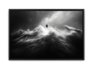 Black and white lighthouse wall art with storm waves for modern office decor.