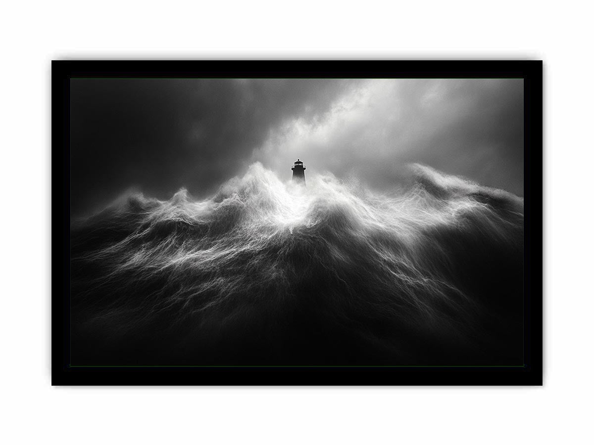 Black and white lighthouse wall art with storm waves for modern office decor.