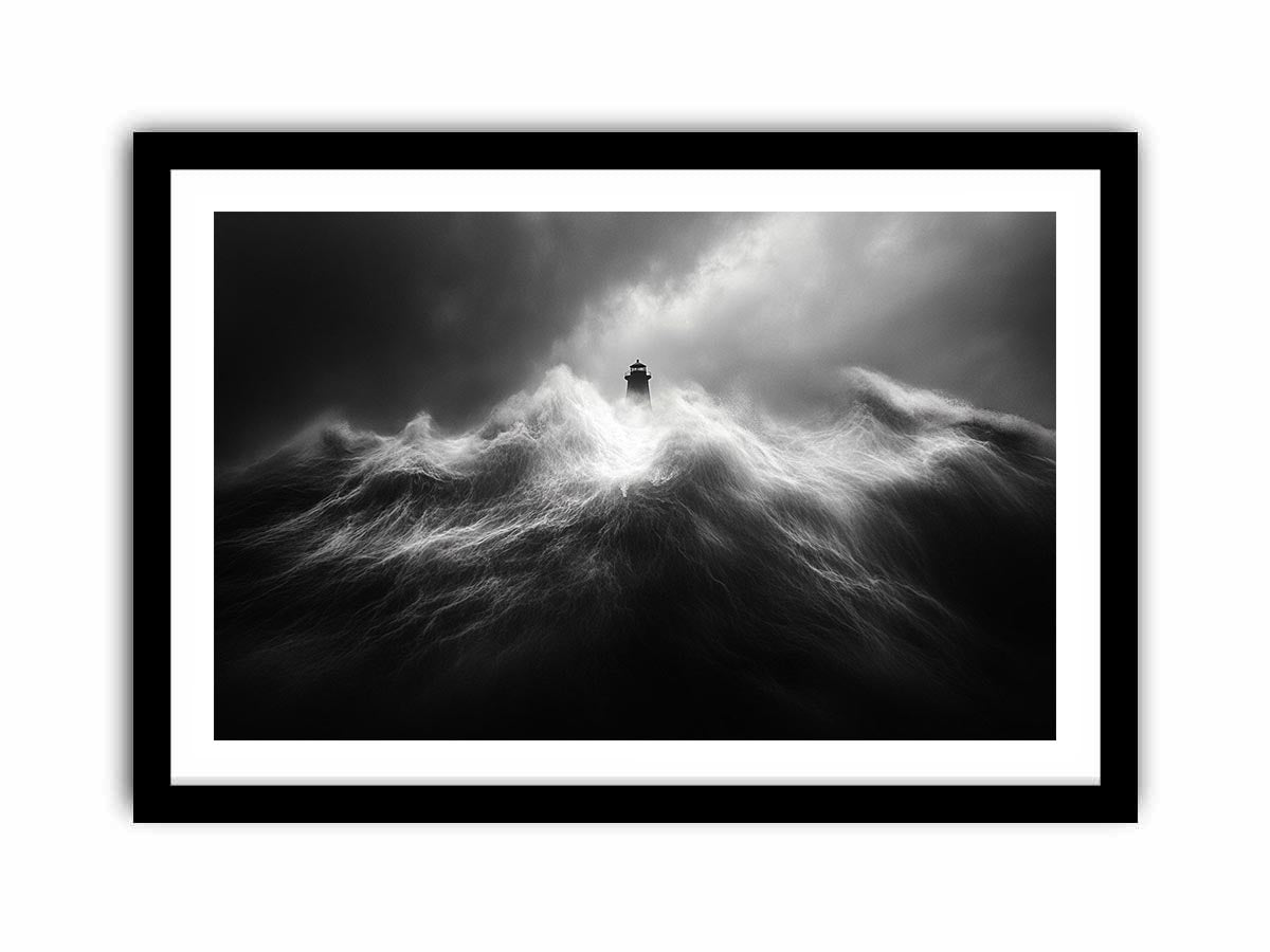 Black and white lighthouse wall art with storm waves for modern office decor.