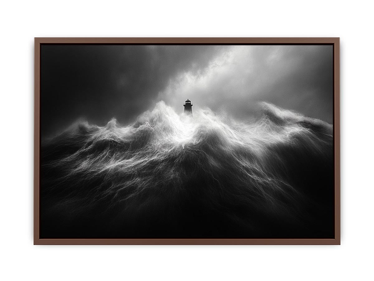 Black and white lighthouse wall art with storm waves for modern office decor.