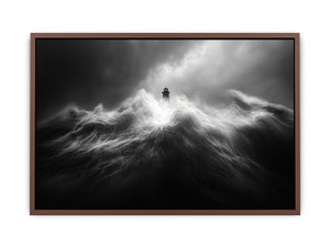 Black and white lighthouse wall art with storm waves for modern office decor.