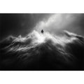 Black and white lighthouse wall art with storm waves for modern office decor.