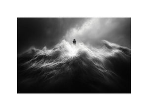 Black and white lighthouse wall art with storm waves for modern office decor.