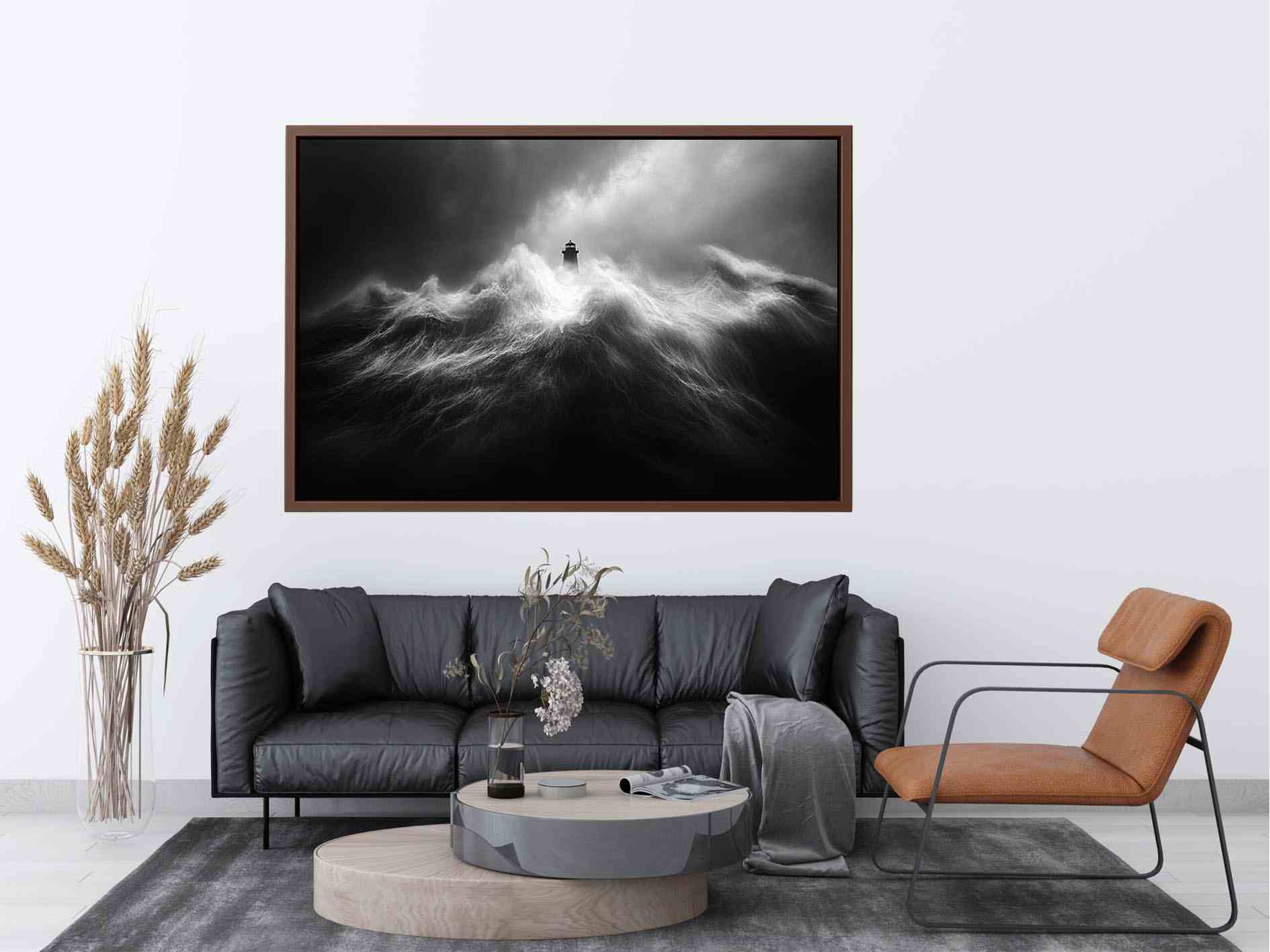 Black and white lighthouse wall art with storm waves for modern office decor.