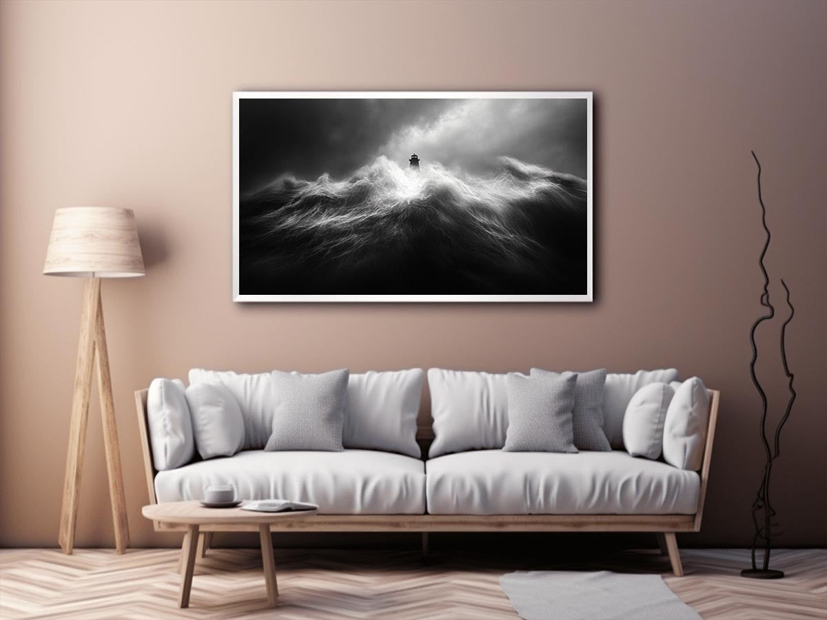 Black and white lighthouse wall art with storm waves for modern office decor.