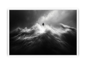 Black and white lighthouse wall art with storm waves for modern office decor.