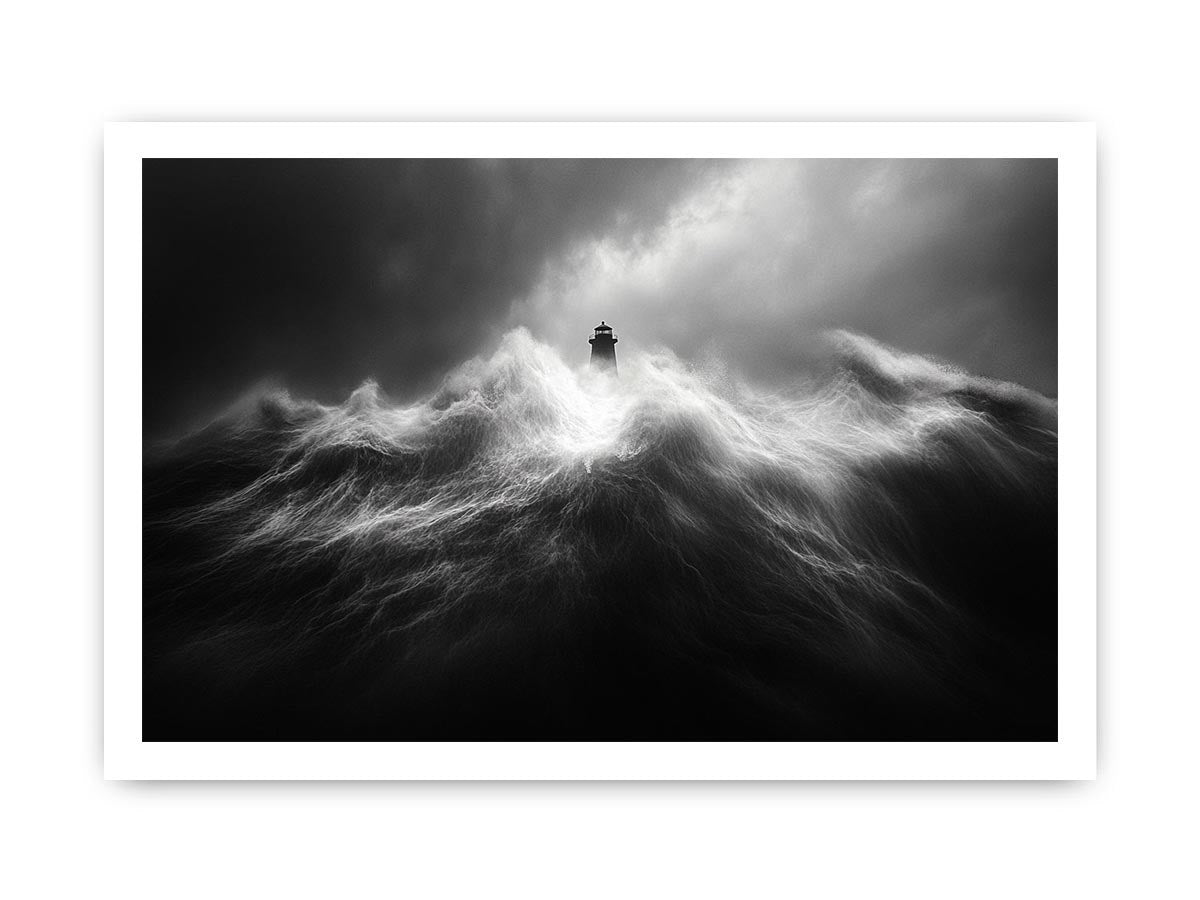 Black and white lighthouse wall art with storm waves for modern office decor.