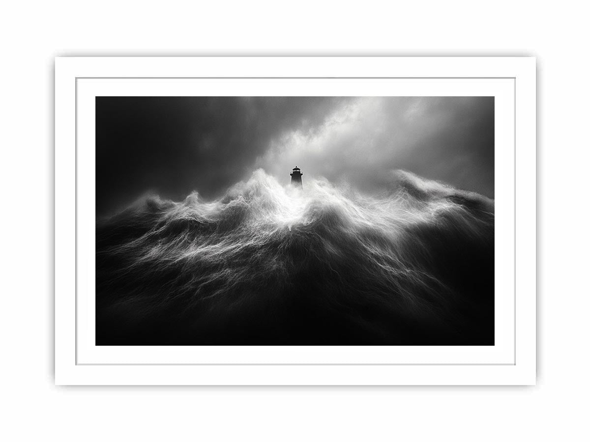 Black and white lighthouse wall art with storm waves for modern office decor.