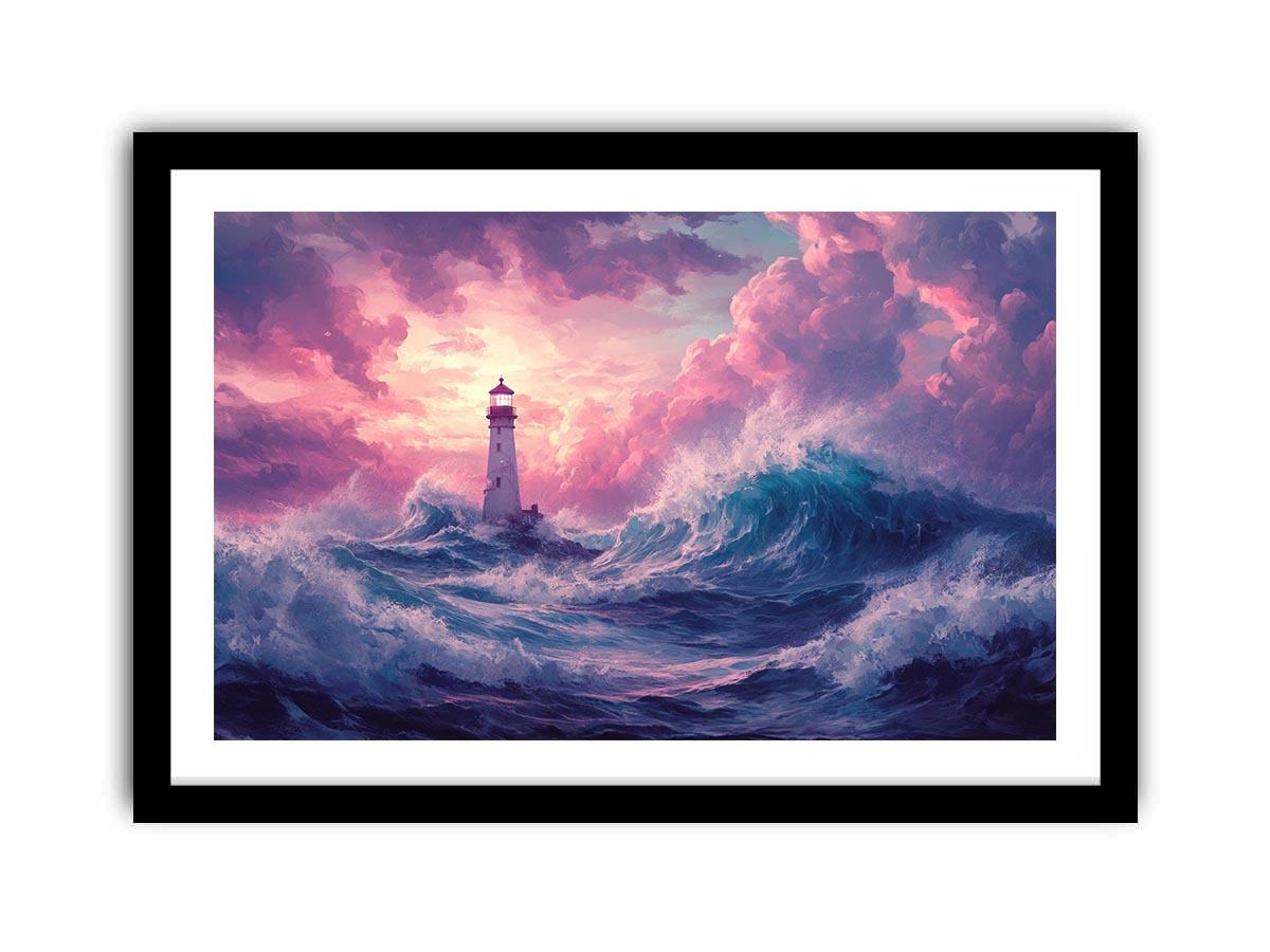 Dreamy lighthouse canvas art with purple clouds and waves for bedroom decor.