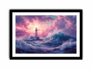 Dreamy lighthouse canvas art with purple clouds and waves for bedroom decor.