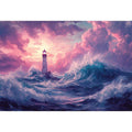 Dreamy lighthouse canvas art with purple clouds and waves for bedroom decor.