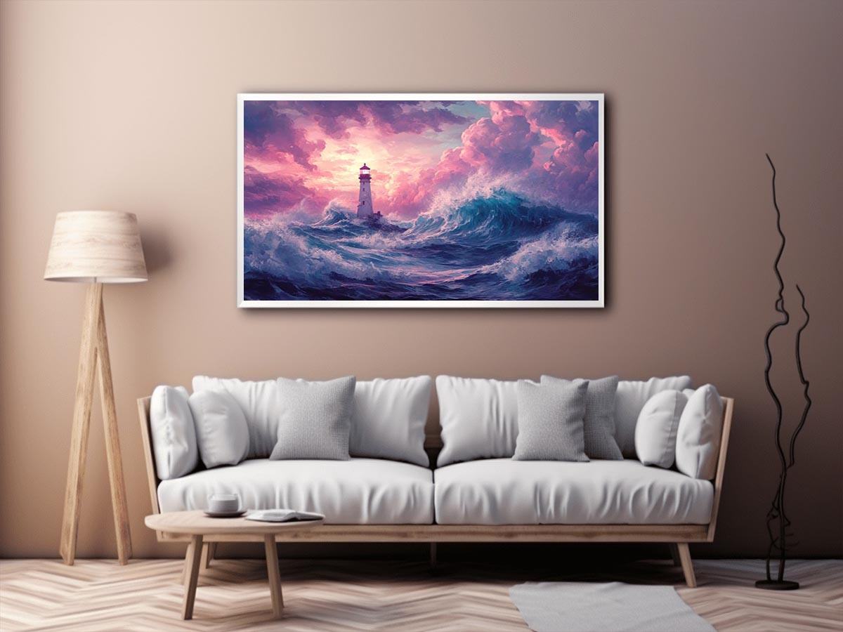 Dreamy lighthouse canvas art with purple clouds and waves for bedroom decor.