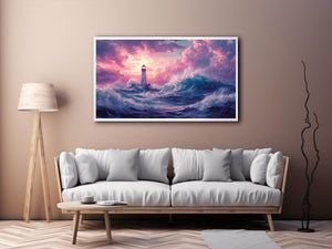 Dreamy lighthouse canvas art with purple clouds and waves for bedroom decor.