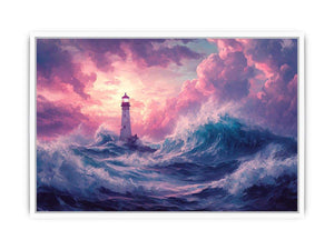 Dreamy lighthouse canvas art with purple clouds and waves for bedroom decor.