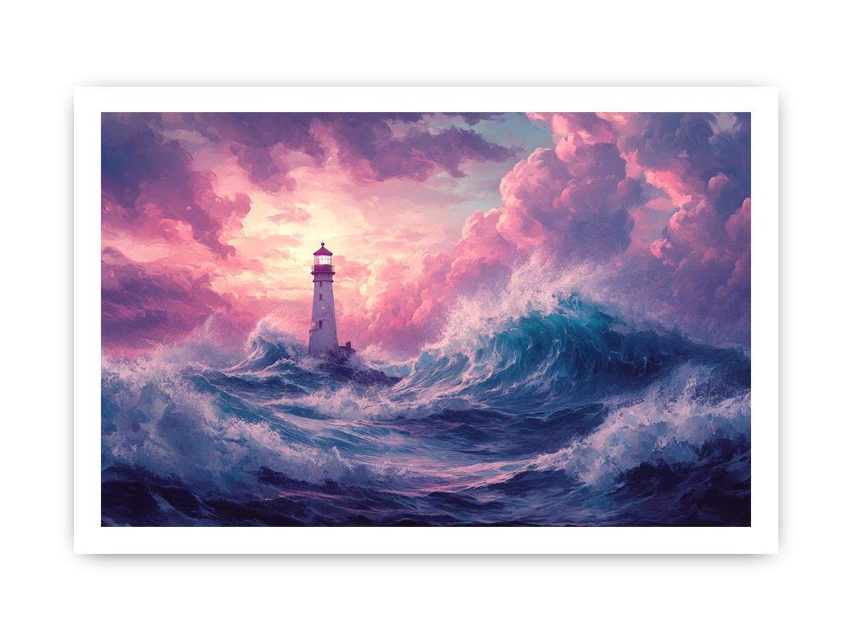 Dreamy lighthouse canvas art with purple clouds and waves for bedroom decor.