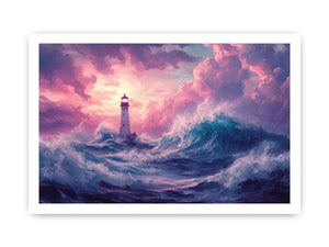 Dreamy lighthouse canvas art with purple clouds and waves for bedroom decor.