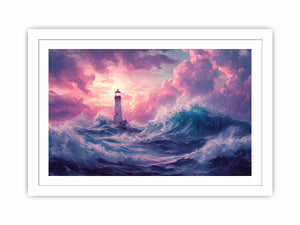 Dreamy lighthouse canvas art with purple clouds and waves for bedroom decor.