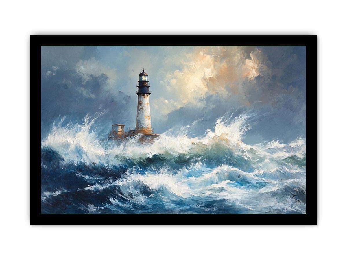 Blue coastal lighthouse canvas print with ocean waves for beach house decor.
