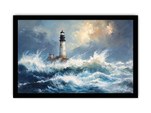 Blue coastal lighthouse canvas print with ocean waves for beach house decor.