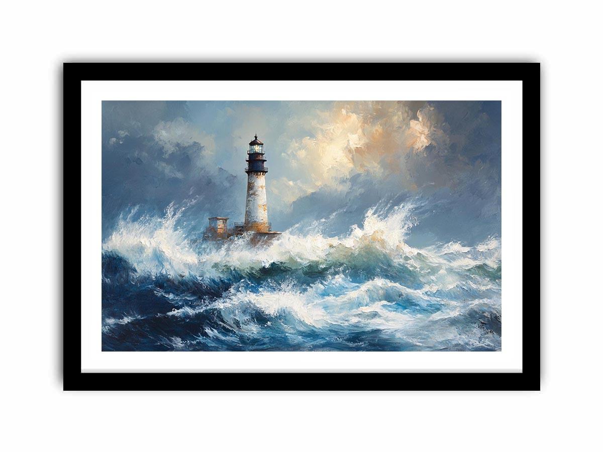 Blue coastal lighthouse canvas print with ocean waves for beach house decor.