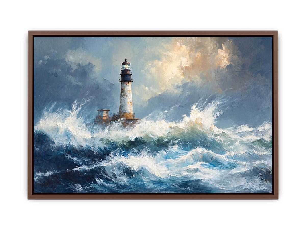 Blue coastal lighthouse canvas print with ocean waves for beach house decor.