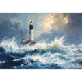 Blue coastal lighthouse canvas print with ocean waves for beach house decor.
