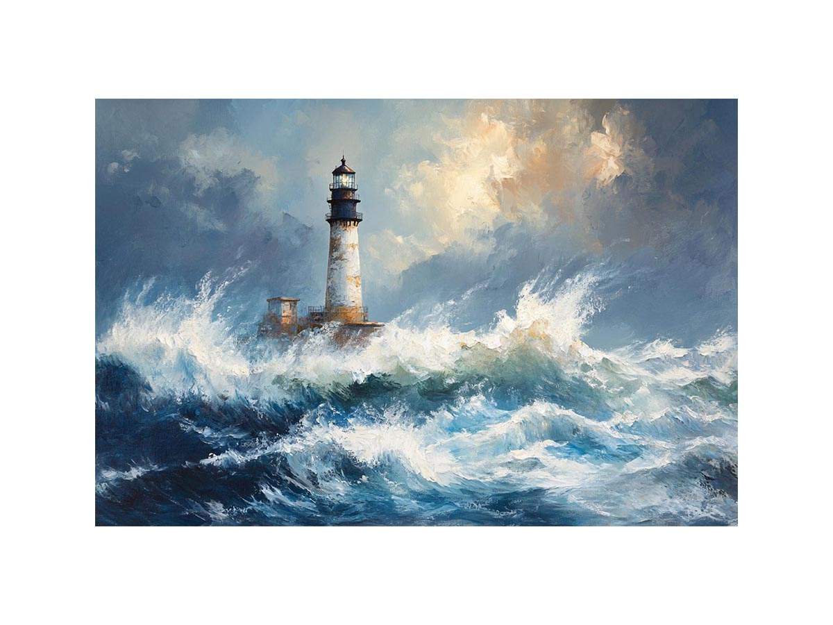 Blue coastal lighthouse canvas print with ocean waves for beach house decor.