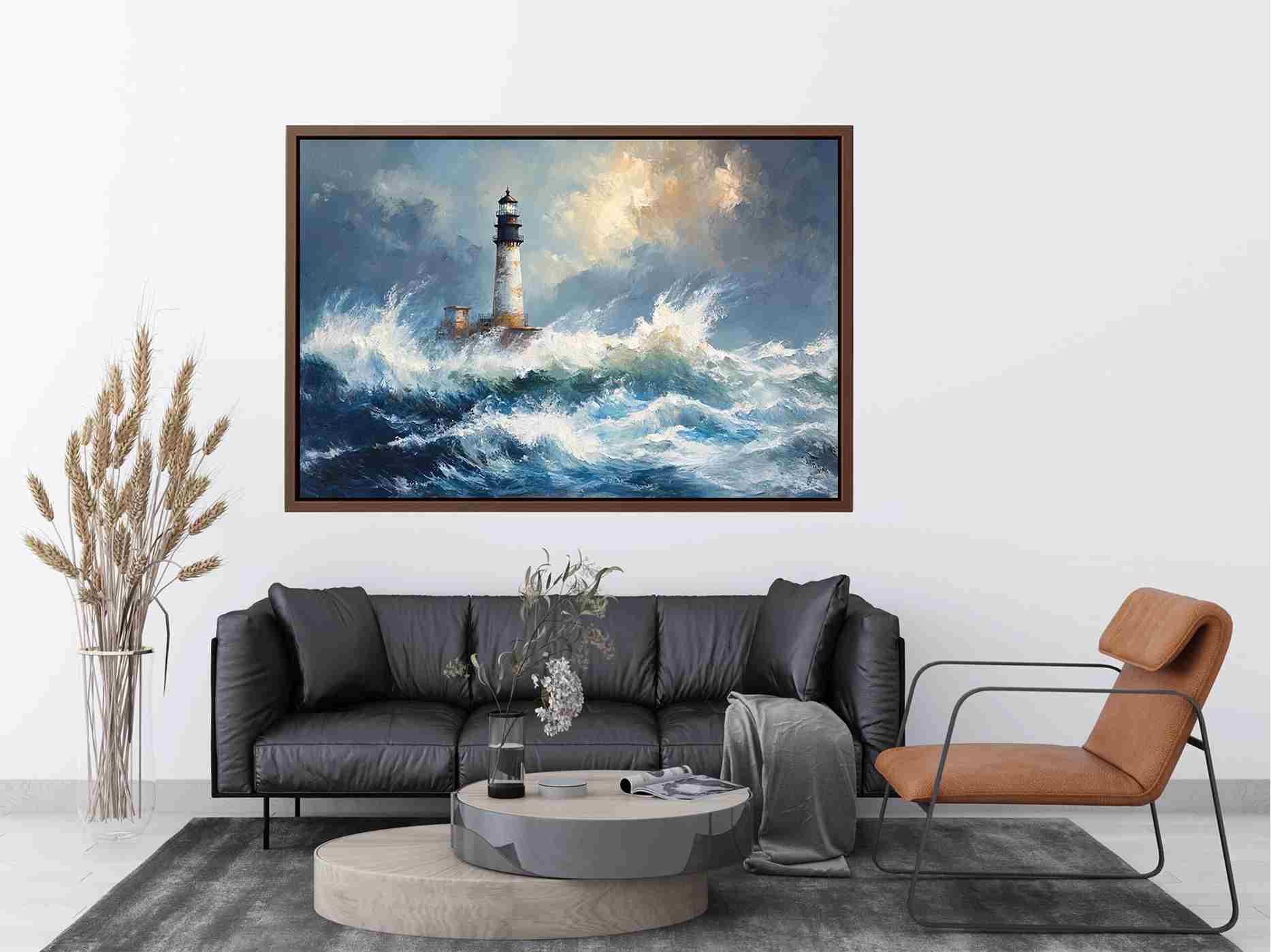 Blue coastal lighthouse canvas print with ocean waves for beach house decor.