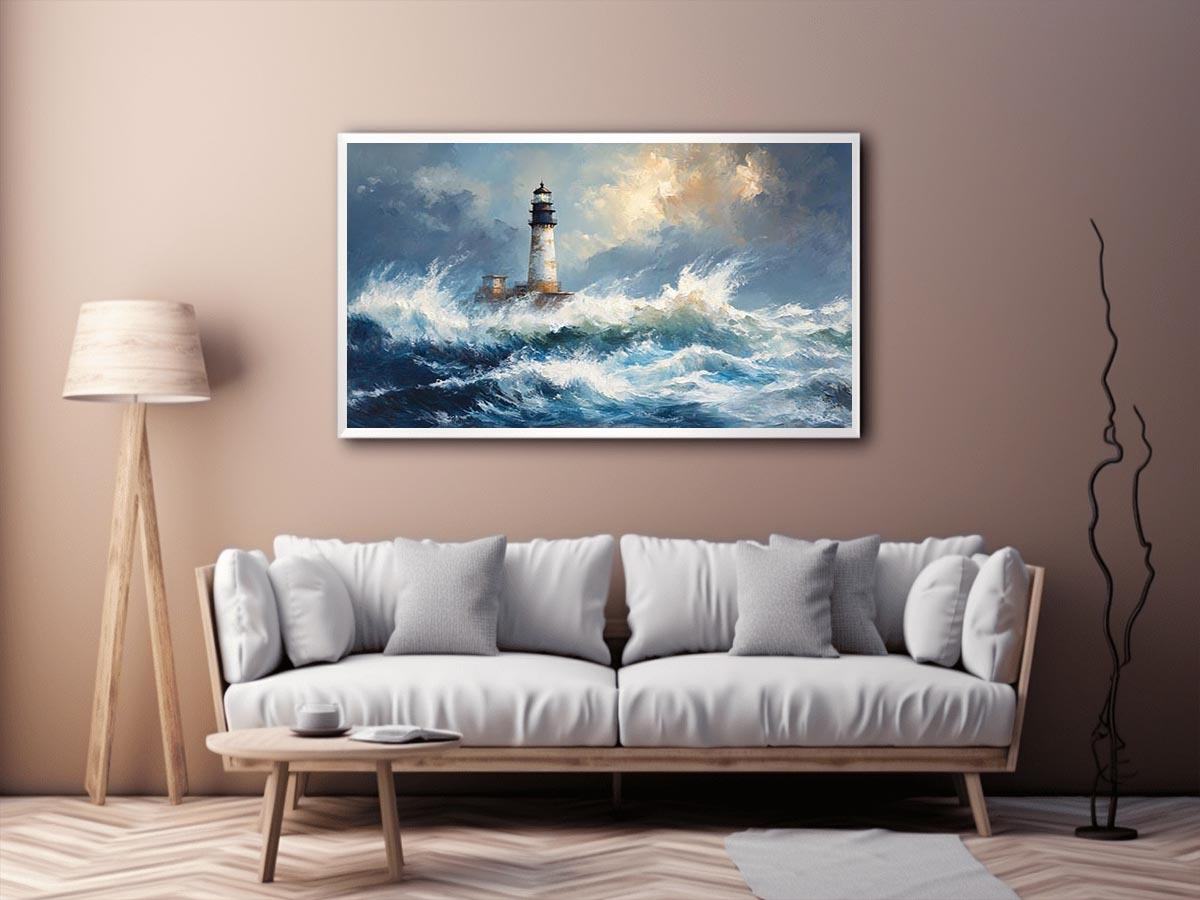 Blue coastal lighthouse canvas print with ocean waves for beach house decor.