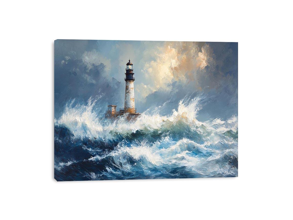 Blue coastal lighthouse canvas print with ocean waves for beach house decor.