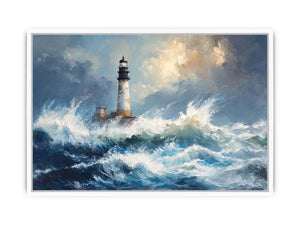 Blue coastal lighthouse canvas print with ocean waves for beach house decor.
