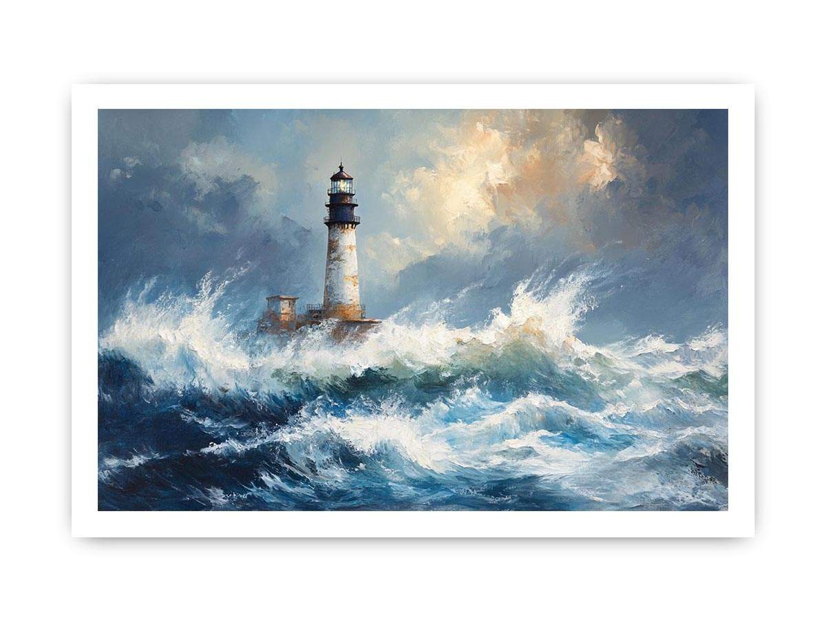 Blue coastal lighthouse canvas print with ocean waves for beach house decor.