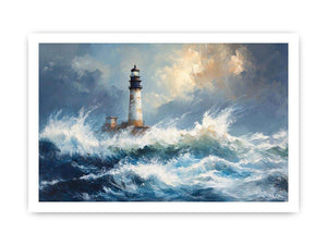 Blue coastal lighthouse canvas print with ocean waves for beach house decor.