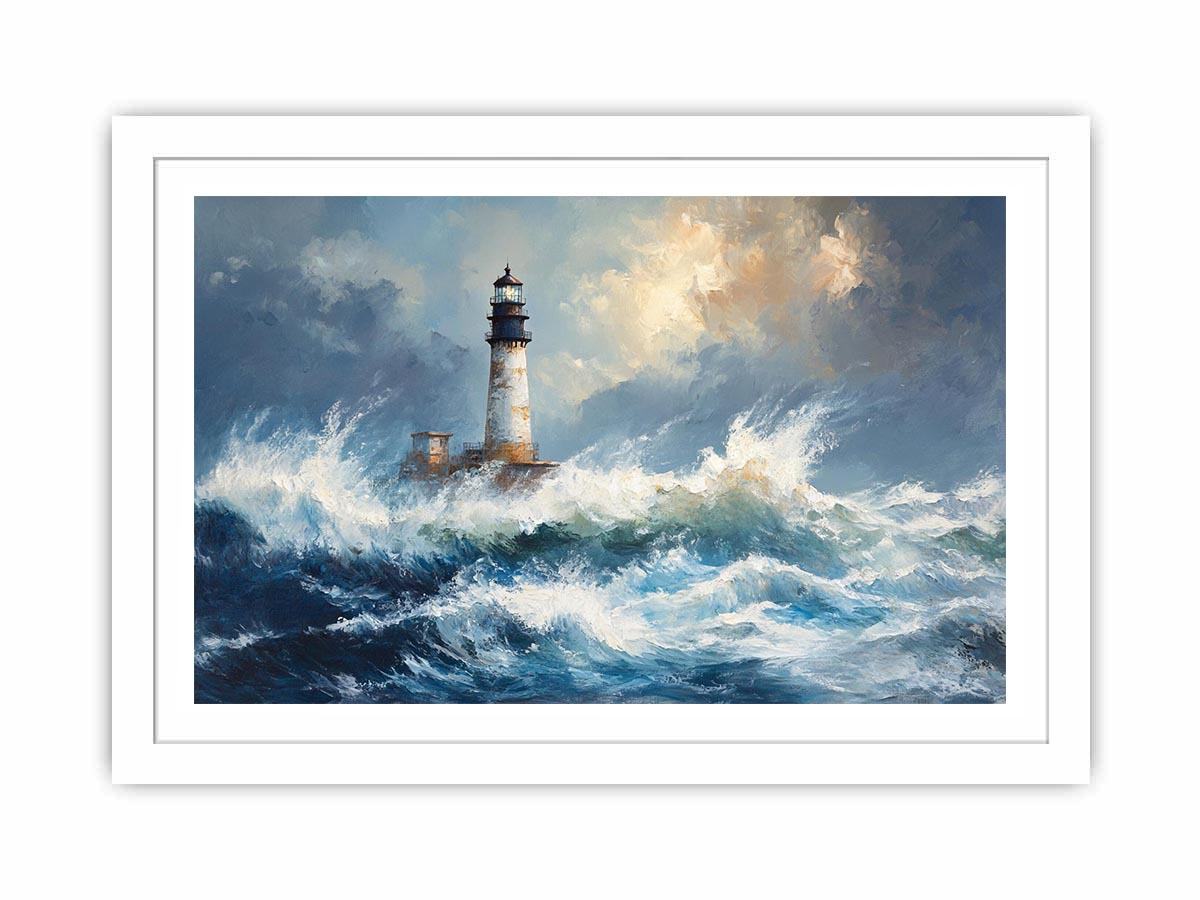 Blue coastal lighthouse canvas print with ocean waves for beach house decor.
