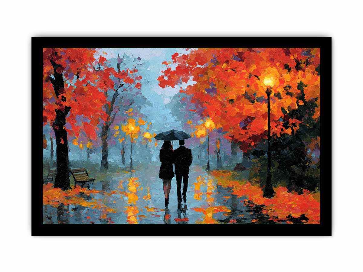 Impressionist autumn couple walking in rain with umbrella glowing lights and colorful trees romantic painting