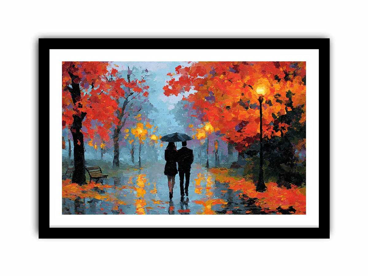 Impressionist autumn couple walking in rain with umbrella glowing lights and colorful trees romantic painting