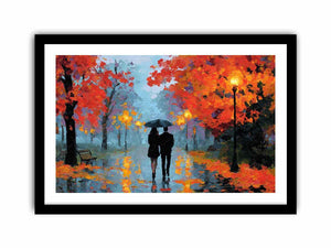 Impressionist autumn couple walking in rain with umbrella glowing lights and colorful trees romantic painting