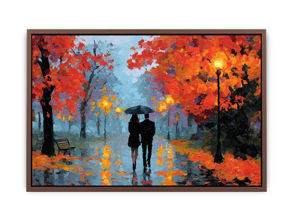 Impressionist autumn couple walking in rain with umbrella glowing lights and colorful trees romantic painting