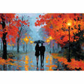 Impressionist autumn couple walking in rain with umbrella glowing lights and colorful trees romantic painting