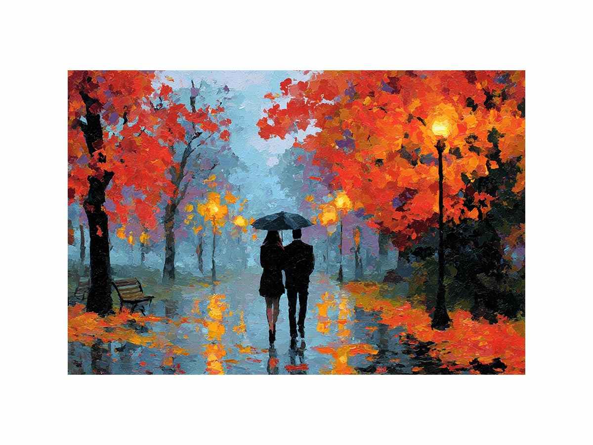 Impressionist autumn couple walking in rain with umbrella glowing lights and colorful trees romantic painting