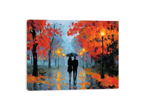 Impressionist autumn couple walking in rain with umbrella glowing lights and colorful trees romantic painting