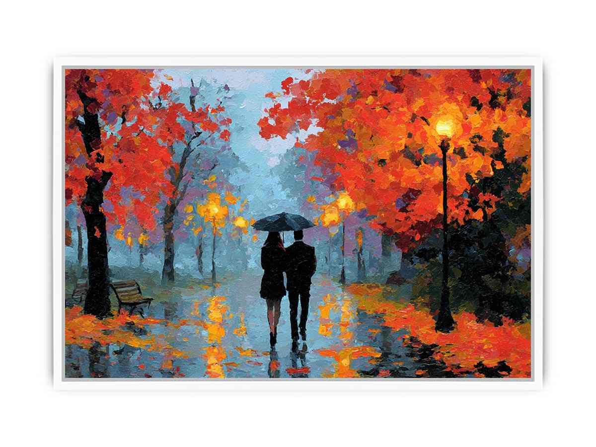 Impressionist autumn couple walking in rain with umbrella glowing lights and colorful trees romantic painting