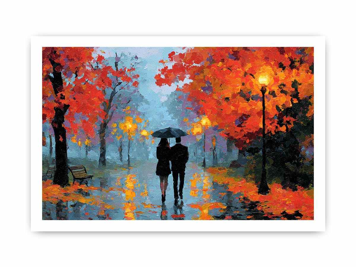 Impressionist autumn couple walking in rain with umbrella glowing lights and colorful trees romantic painting
