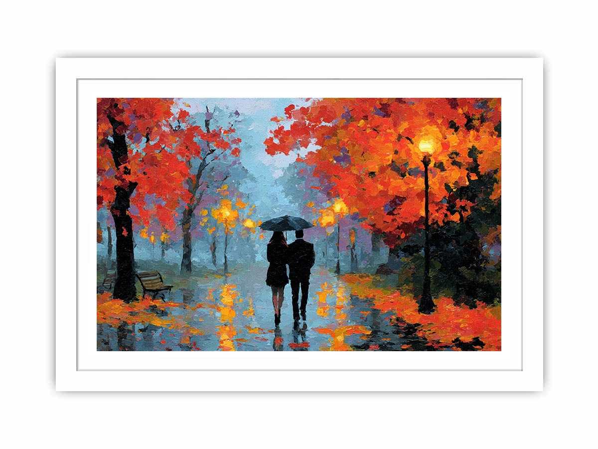 Impressionist autumn couple walking in rain with umbrella glowing lights and colorful trees romantic painting