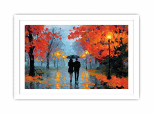 Impressionist autumn couple walking in rain with umbrella glowing lights and colorful trees romantic painting